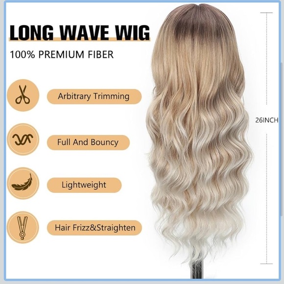 Ombre Long, curly, & wavy highlights platinum blonde synthetic Wig 26IN bnwt - Picture 3 of 6